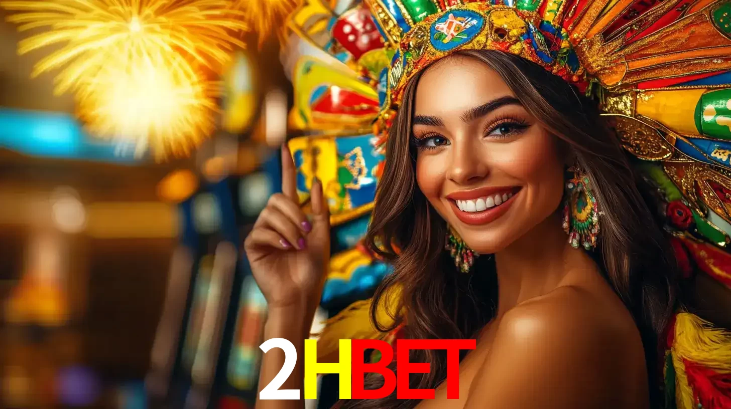 Mulher sorridente com um cocar de carnaval vibrante e colorido, celebrando uma grande vitória nos jogos do cassino 2HBET com fogos de artifício ao fundo.