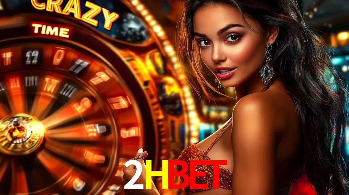 Mulher ao lado da roda de prêmios do jogo de cassino ao vivo Crazy Time, um dos shows de jogos mais emocionantes oferecidos pela plataforma de apostas 2HBET.