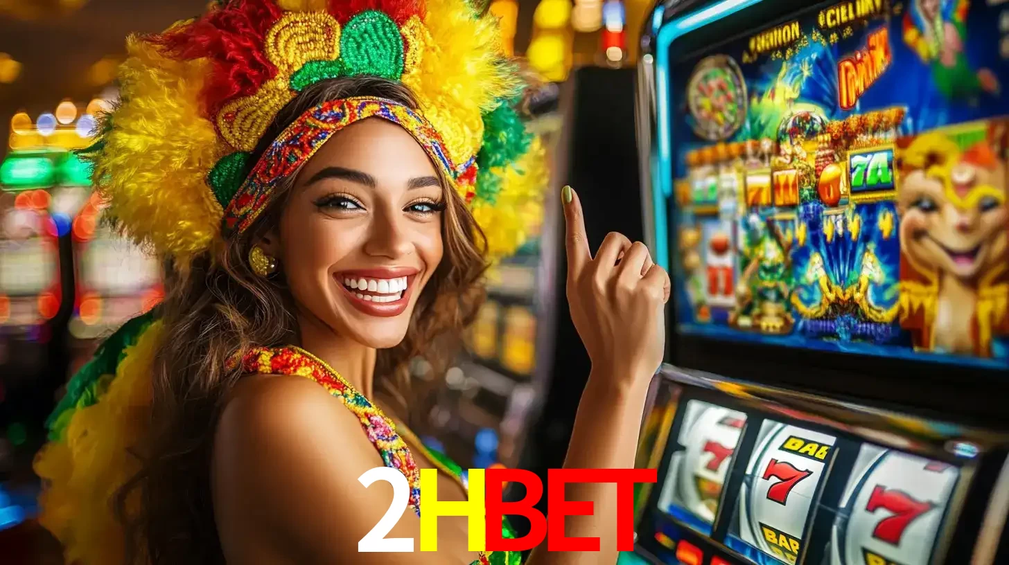 Mulher animada com um cocar de carnaval apontando para uma máquina de caça-níqueis, mostrando a emoção de ganhar um grande prêmio nos jogos do 2HBET.