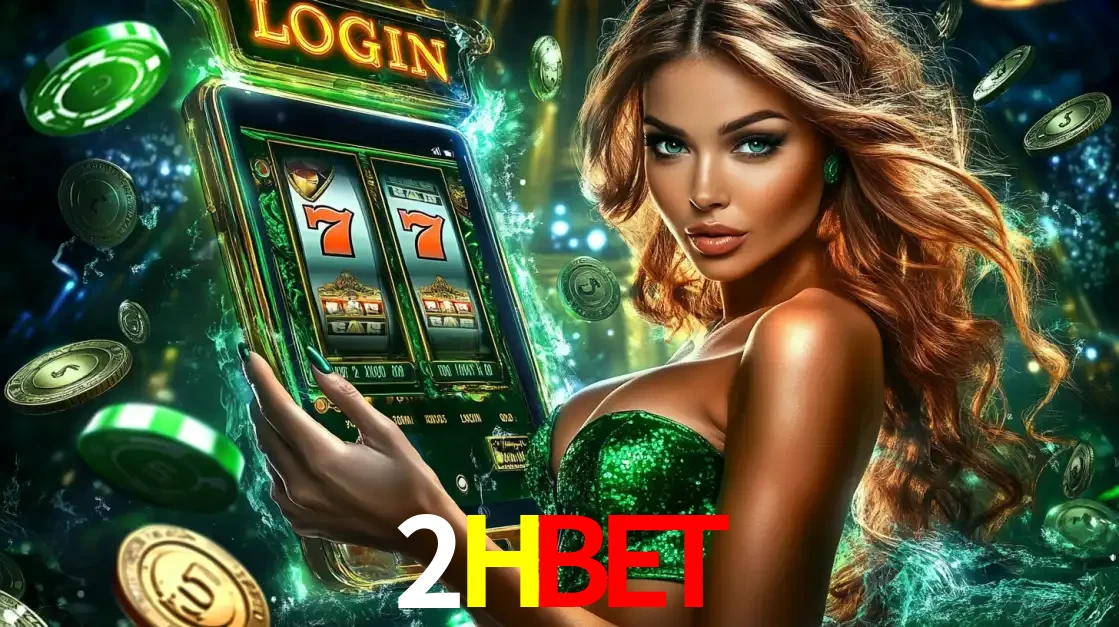 Mulher com tema verde apresentando o aplicativo do cassino 2HBET com um jogo de slot de 777, cercada por fichas de cassino e uma aura de sorte.