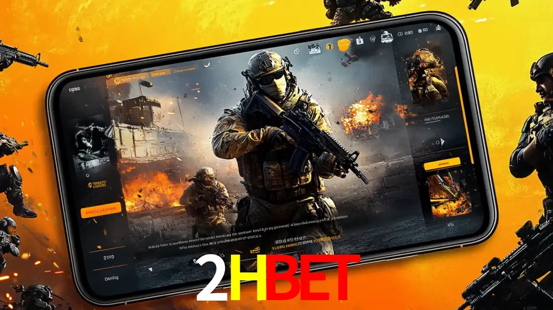 Um smartphone exibindo a interface de um jogo de tiro em primeira pessoa, com um soldado em um cenário de batalha, representando a ação dos e-sports para apostar no 2HBET.