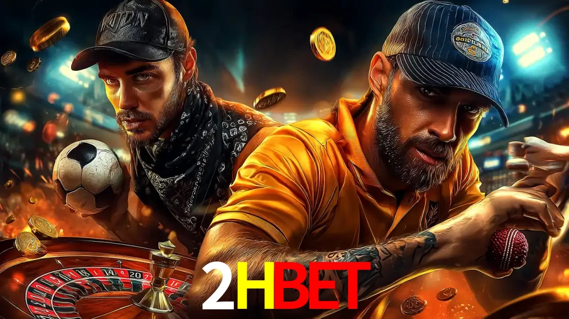 Montagem de apostas esportivas e cassino no 2HBET, com um homem segurando uma bola de futebol e outro uma de beisebol sobre uma roleta e moedas voadoras.