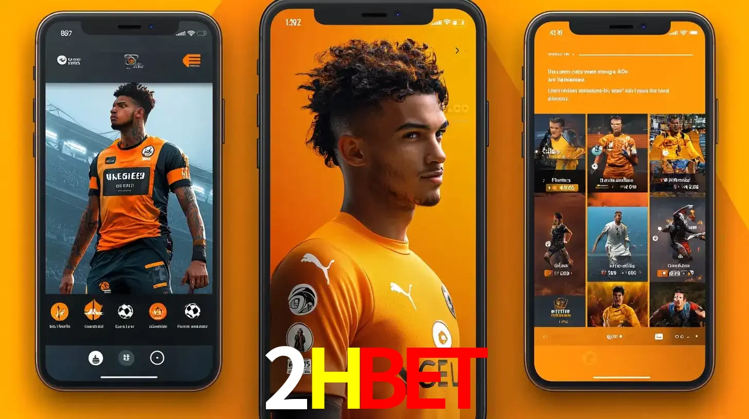 Interface do aplicativo de apostas esportivas 2HBET em três telas de celular, mostrando o perfil de um jogador de futebol e a lista de jogos disponíveis para apostar.