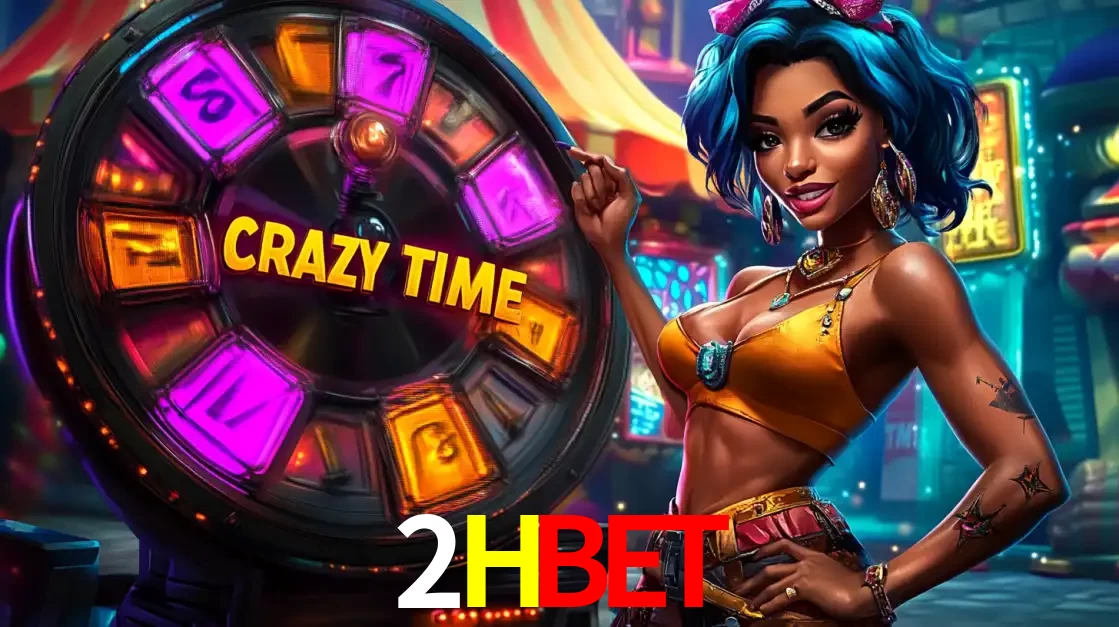 Mulher estilizada com cabelo azul e visual vibrante posando ao lado da roda de prêmios do game show Crazy Time, convidando para a diversão e os bônus do cassino 2HBET.