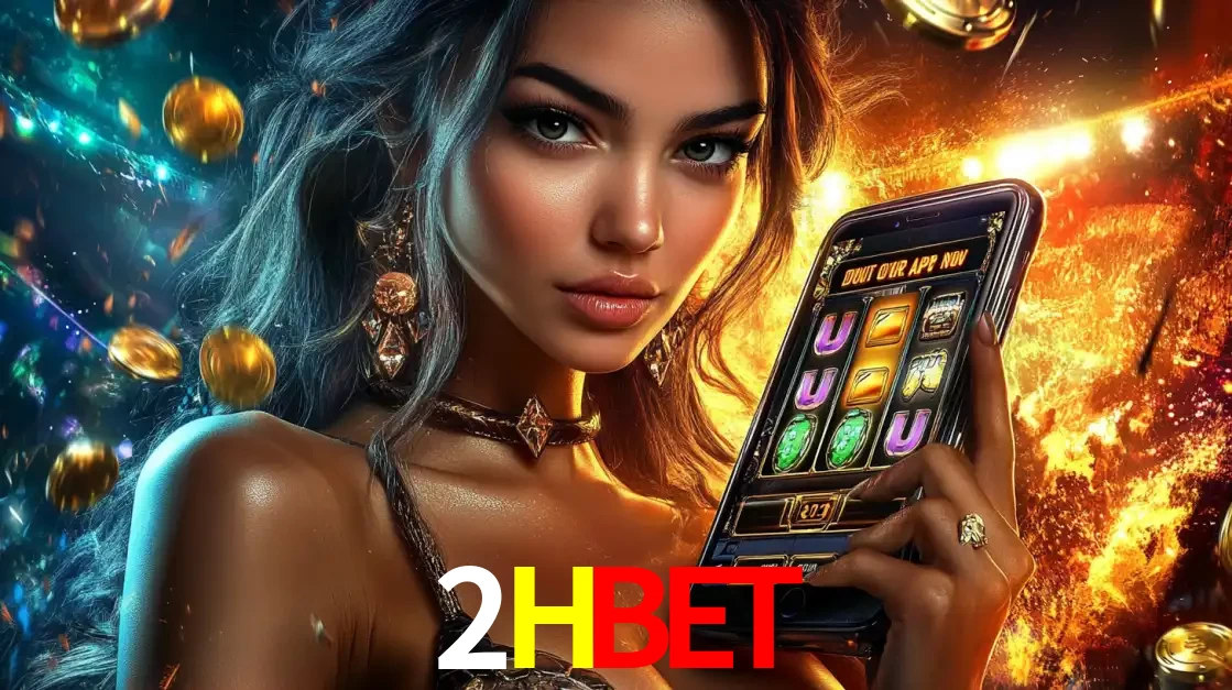 Mulher elegante mostrando um jogo de caça-níqueis em seu smartphone, destacando a experiência de cassino móvel oferecida pelo aplicativo 2HBET.