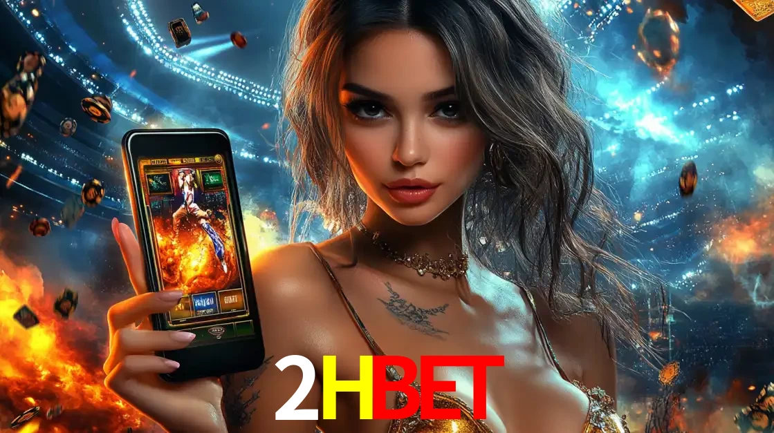 Mulher segurando um celular com um jogo de slot em destaque, tendo como fundo um estádio vibrante, simbolizando a emoção de jogar no cassino móvel 2HBET.